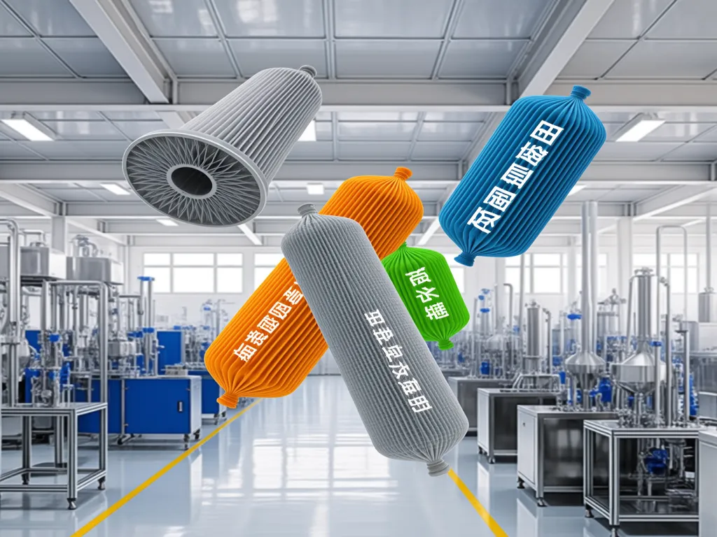 Display of various sizes and types of customized filter sacks in a factory setting