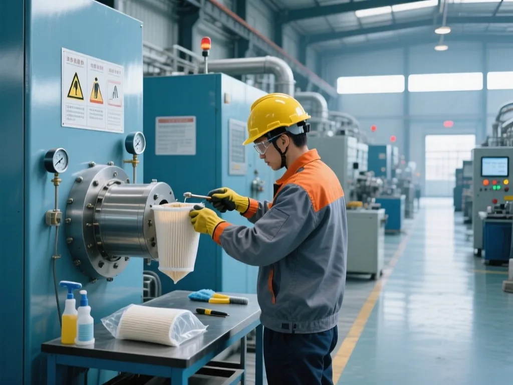 Technician checking a filter bag during routine maintenance in a factory.