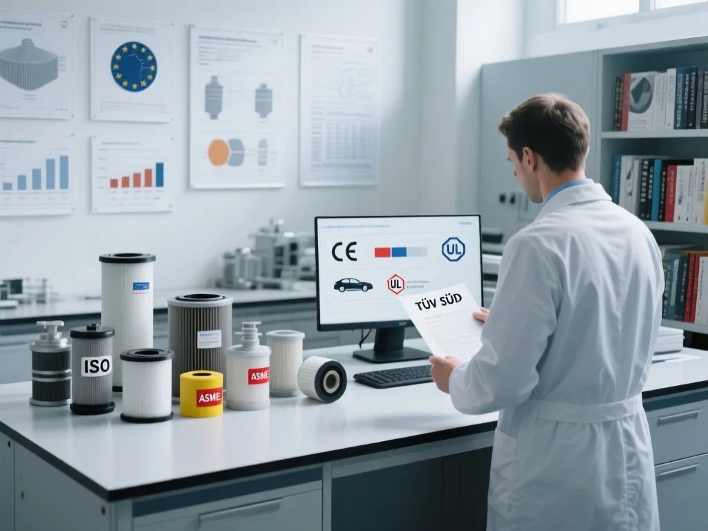 A professional verifying filter certifications like CE and UL on a computer screen.