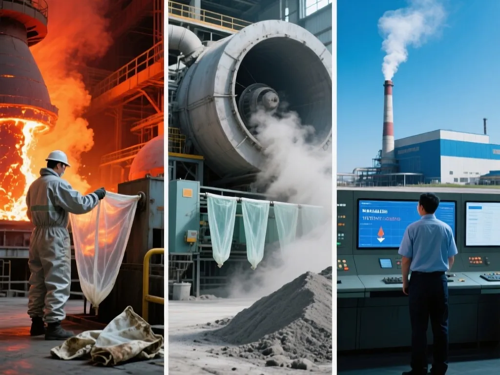 Workers handling fiberglass filter bags in different industrial scenarios, including near furnaces and control rooms.