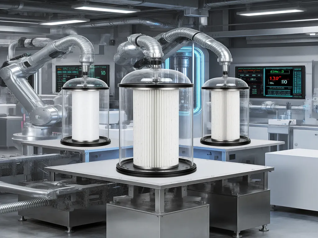 Industrial filters in production with robotic arms