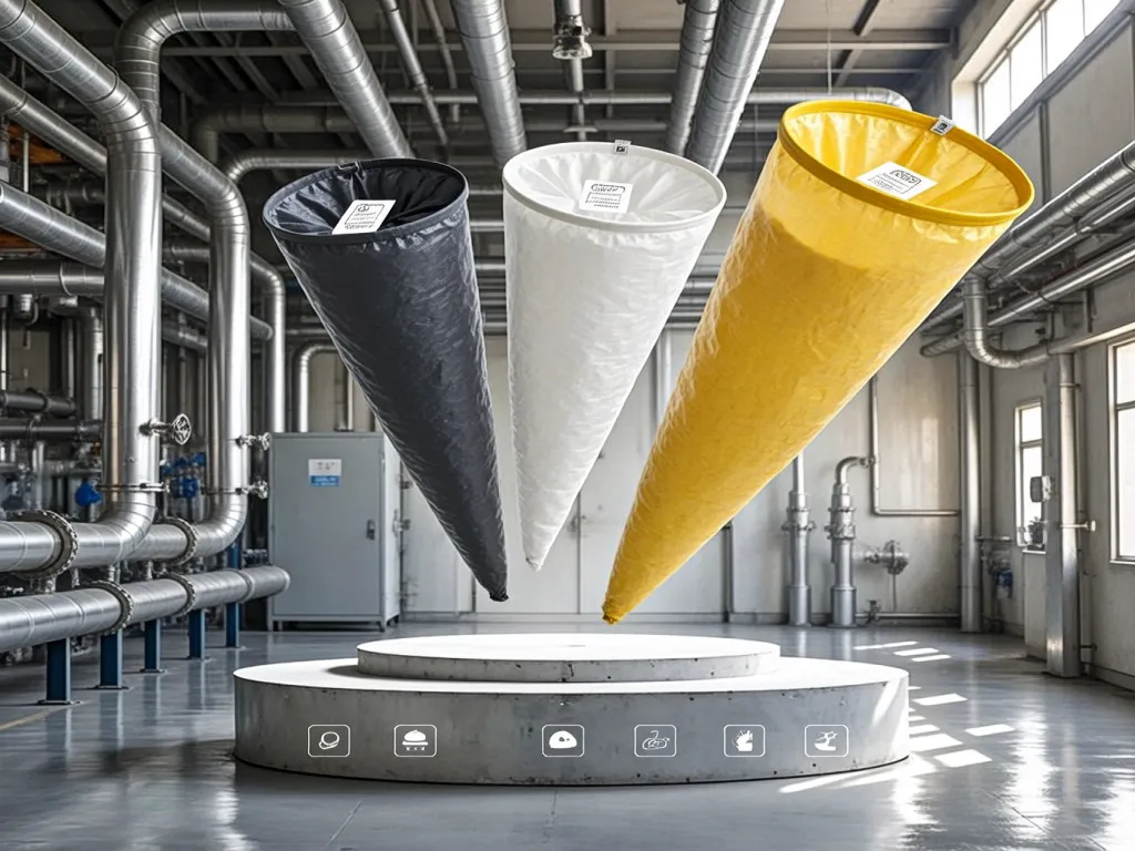 Various industrial filter bags on display in factory