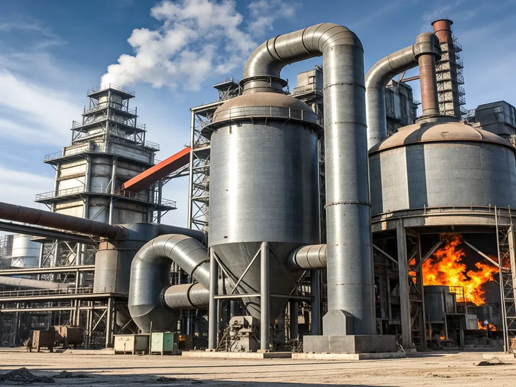 Large industrial plant with dust collectors and pipes.