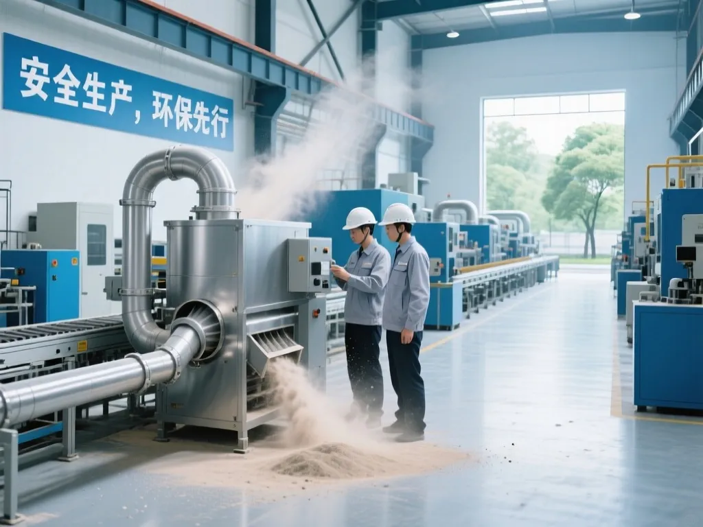Two workers inspecting an industrial dust collection system in a factory.