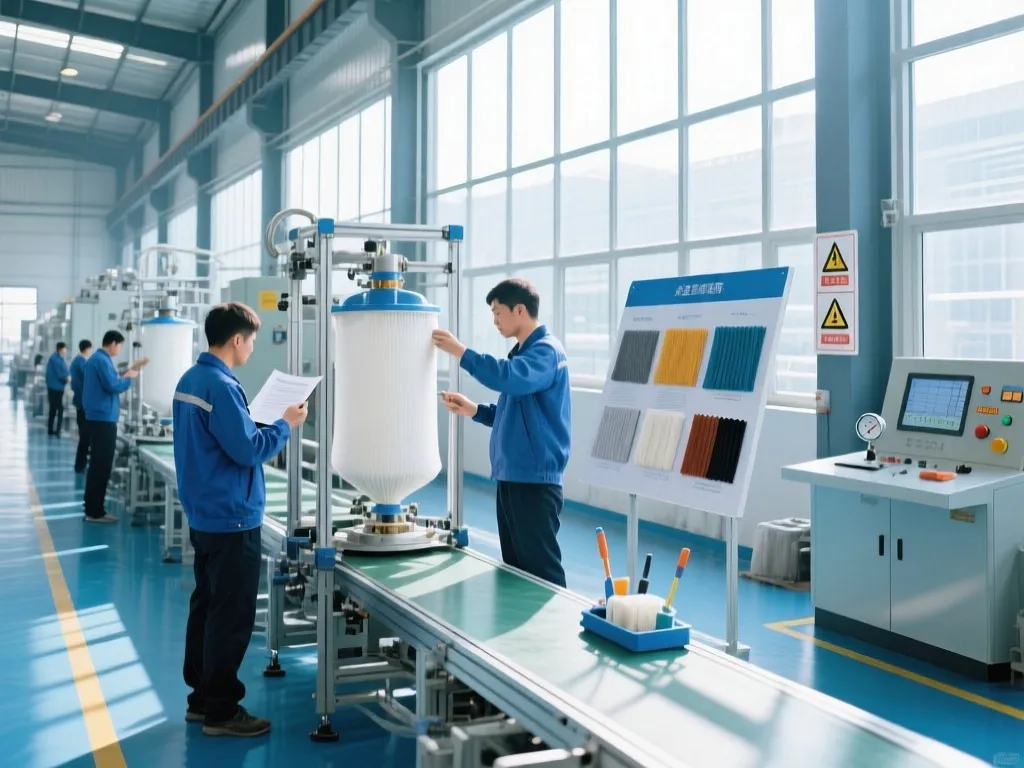 Workers inspecting filter bags in a factory setting to ensure quality.