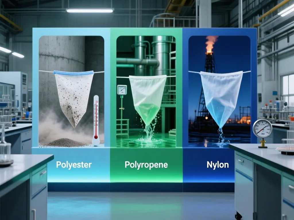 Comparison of different industrial filter bag materials: Polyester, Polypropylene, Nylon.