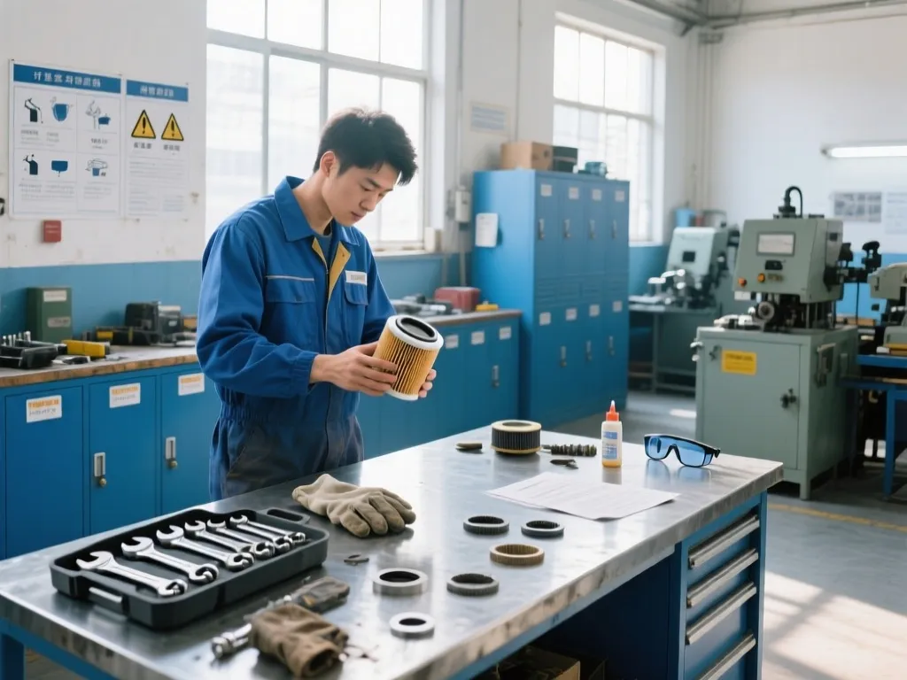 A technician inspecting a filter cartridge in a workshop.