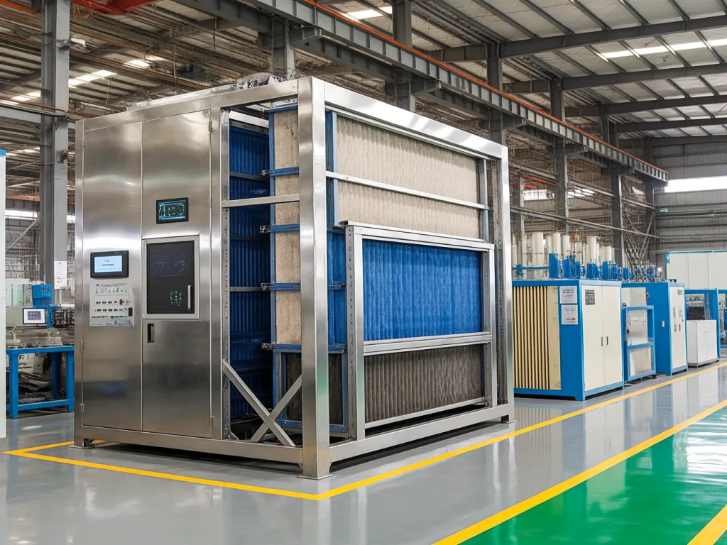 A large industrial air filtration system in a factory setting.