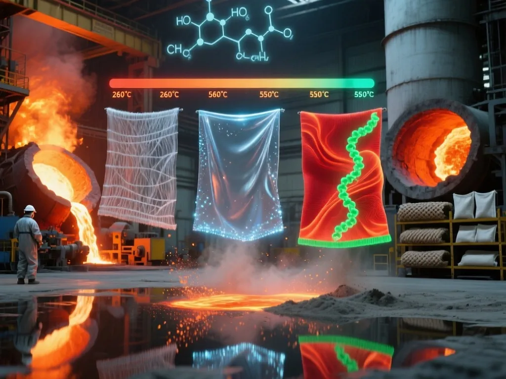 Fiberglass filter bags displayed at different temperatures, showing their heat resistance in industrial environments.
