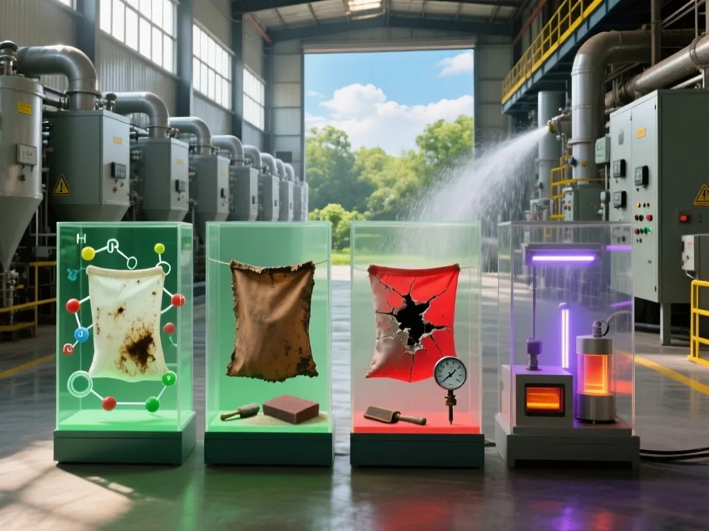 Display of various filter bag failures and testing equipment in a factory.