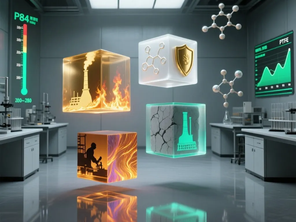 3D cubes showing properties of high temperature filter bag materials in a lab setting.