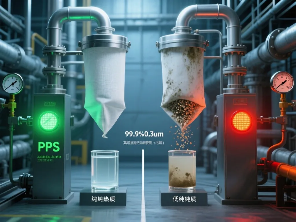 Workers installing PPS filter bags in an industrial filtration system.