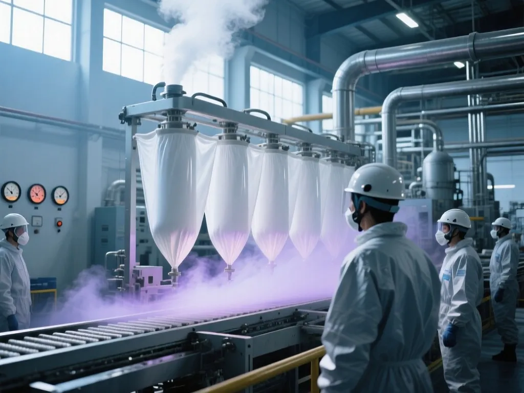 Workers inspecting PTFE filter bags in an industrial setting with steam.