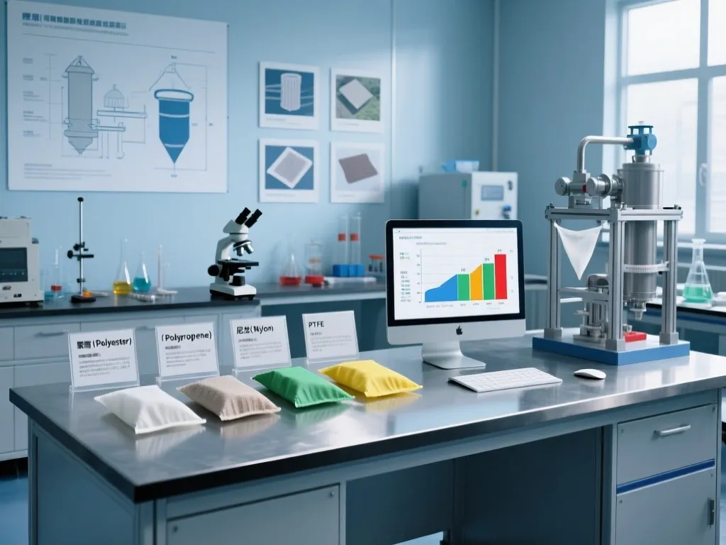 Testing various filter bag materials in a lab, ensuring product alternatives.