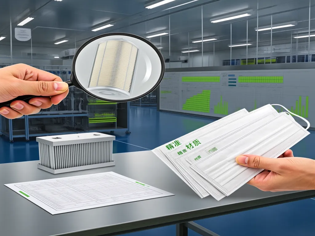 Hand holding magnifying glass over filtration bags in manufacturing facility