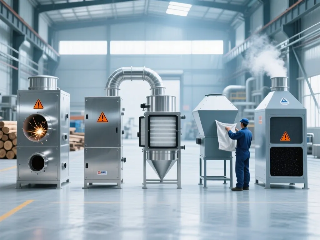 Various industrial dust collector units lined up in a warehouse.