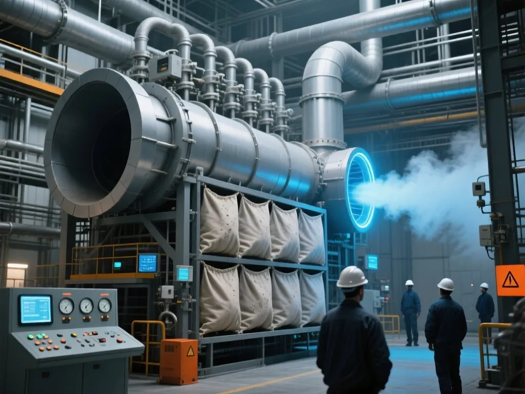 Large industrial dust collector system emitting clean air, with workers observing the process.