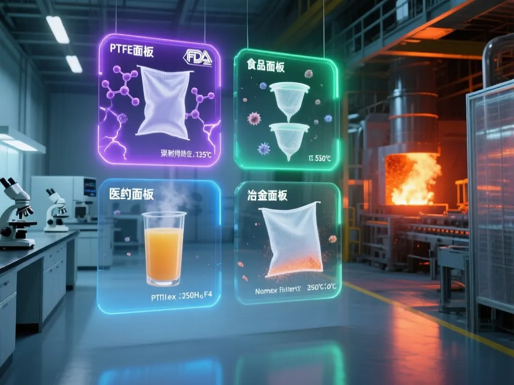 Holographic display showing applications of various filter bag materials.