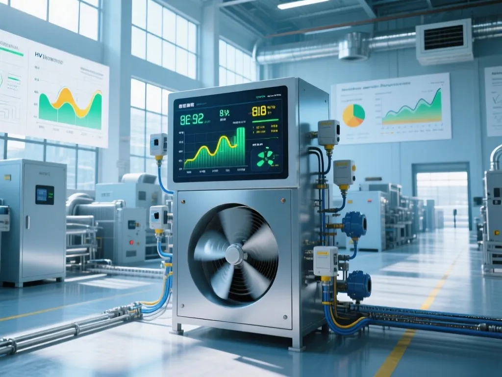 Industrial air quality control system featuring a large digital interface and fan unit.