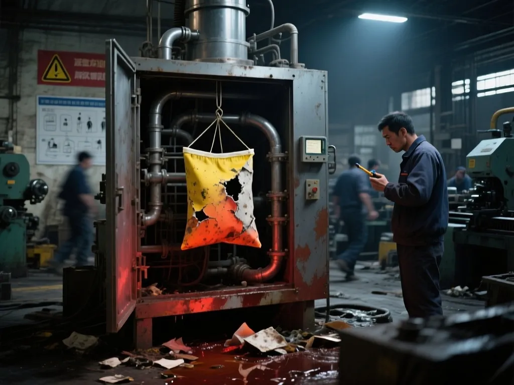 A damaged filter bag due to wrong usage in industrial setting