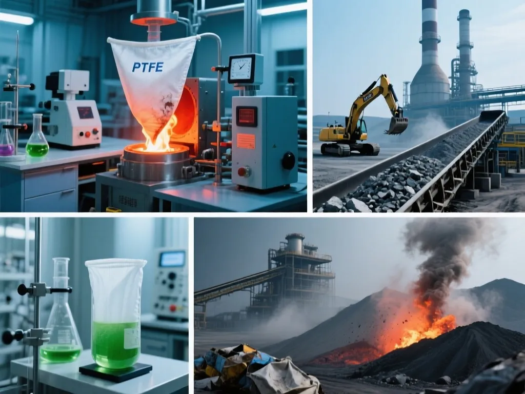 Collage showing PTFE filter bag testing in lab and harsh industrial environments.