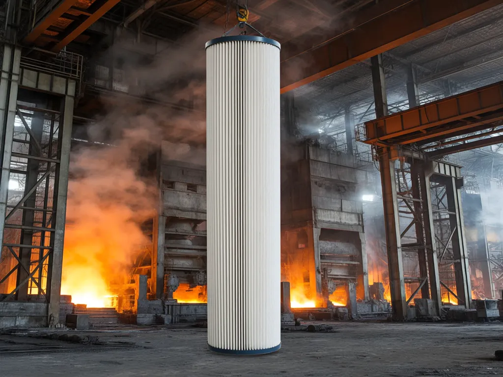 A heavy-duty filter bag in a high-temperature cement plant area