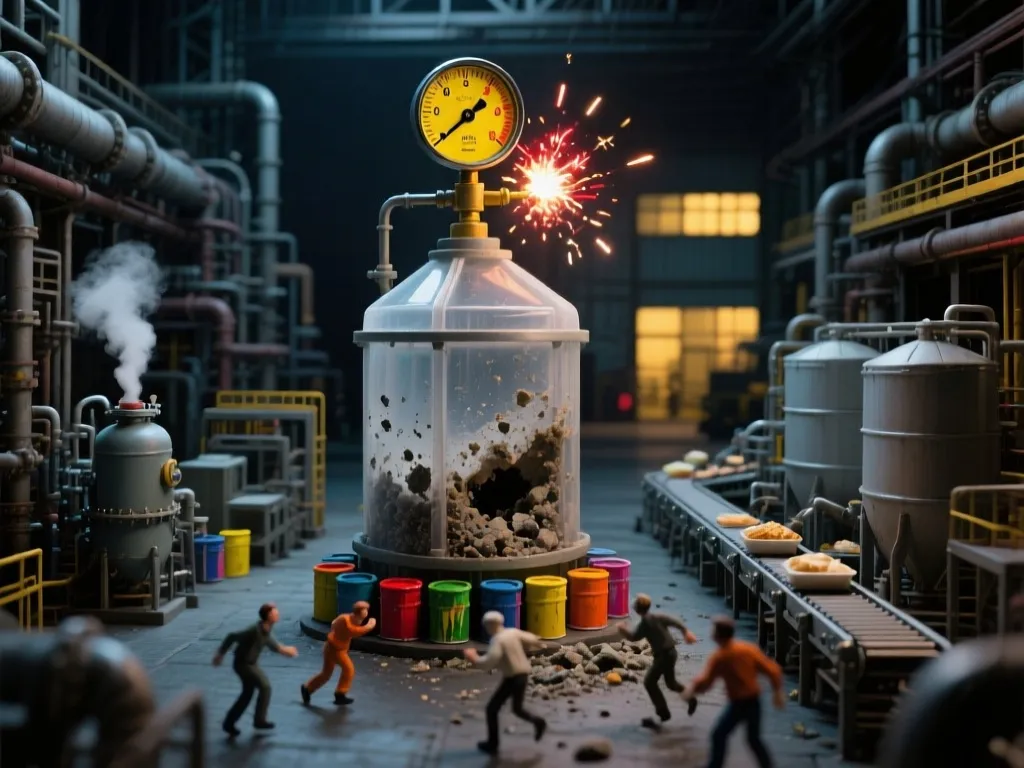 Illustration of industrial filter failure and its consequences.