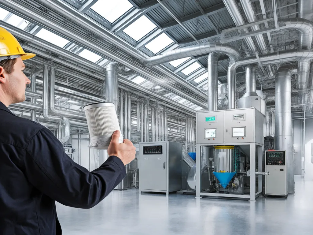 A worker inspecting a filtration bag system for industrial use in a factory