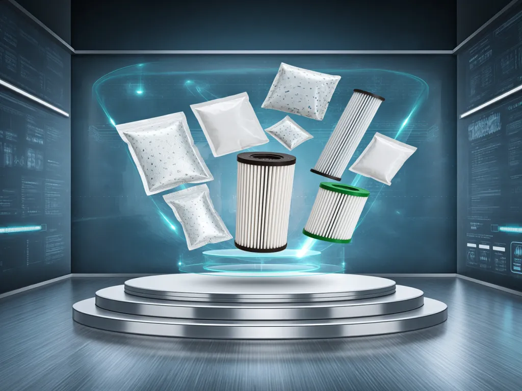 Filtration bags and cartridges displayed on a futuristic platform