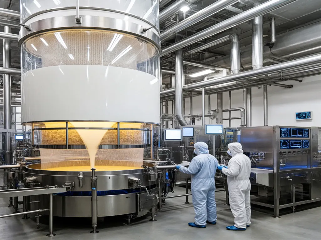 Industrial filtration process showing liquid being filtered in a large tank