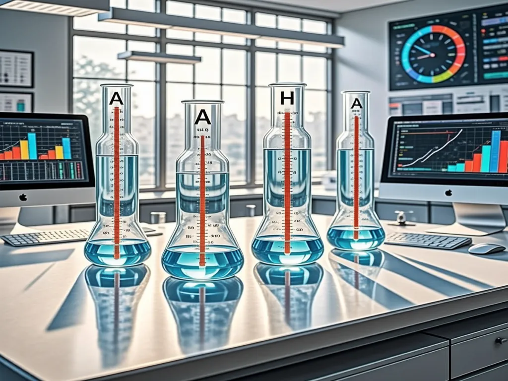 Laboratory setup with measuring cylinders labeled A and H for testing filter housings