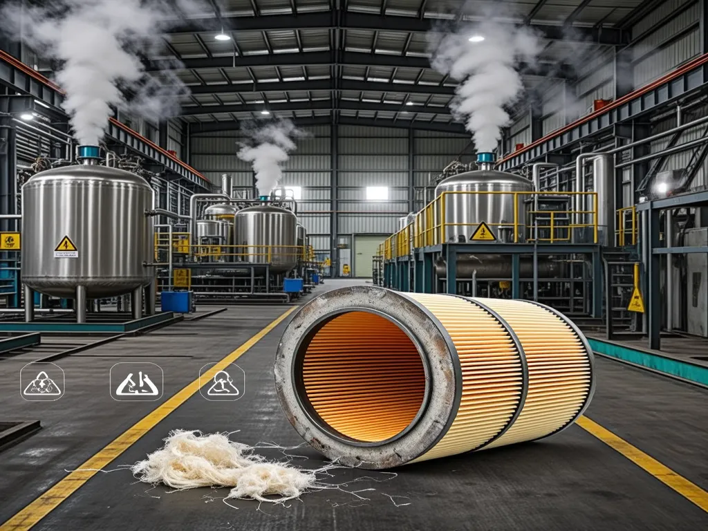 Damaged filter lying on the ground in an industrial chemical processing facility.