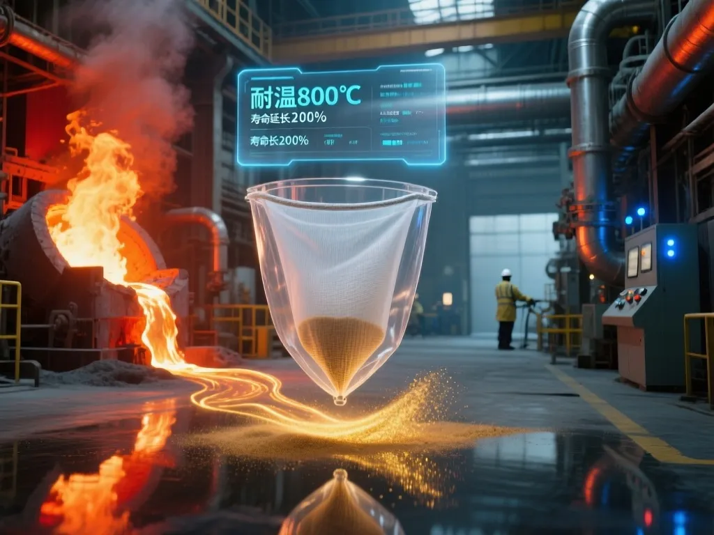 A fiberglass filter bag in an industrial setting with molten metal and a worker in the background.