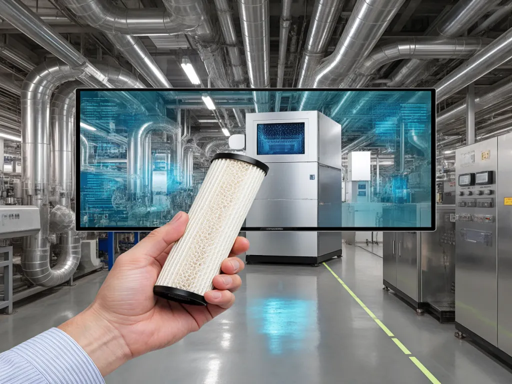 Hand holding a dust collector filter in an industrial setting