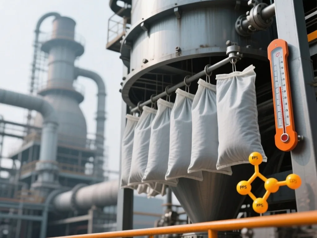 PPS filter bags in use within a large-scale industrial dust collection system.