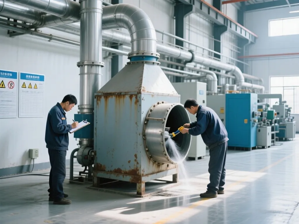 Workers cleaning and inspecting a large industrial dust collector.