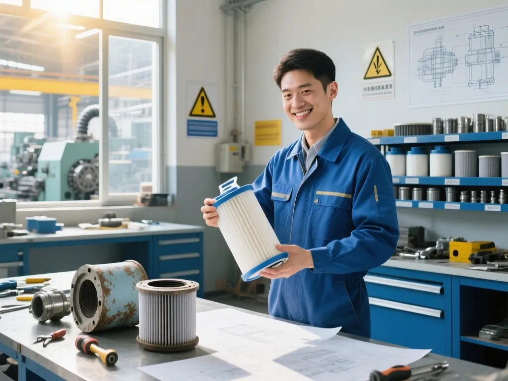 A technician checking a filter bag in a workshop for compatibility.