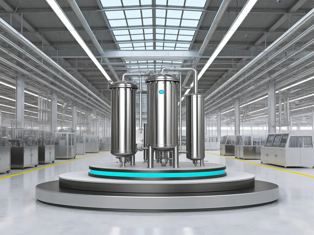 Industrial filtration system with large filtration bags in a factory setting.
