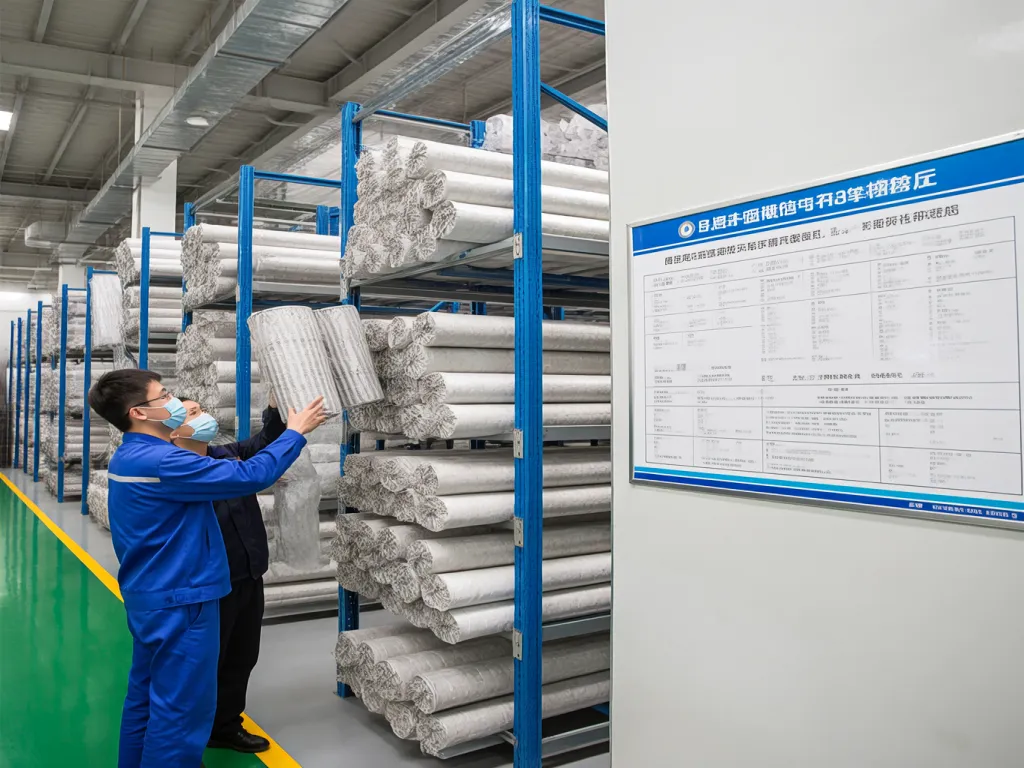 Workers organizing industrial filter bags in warehouse near HS code list