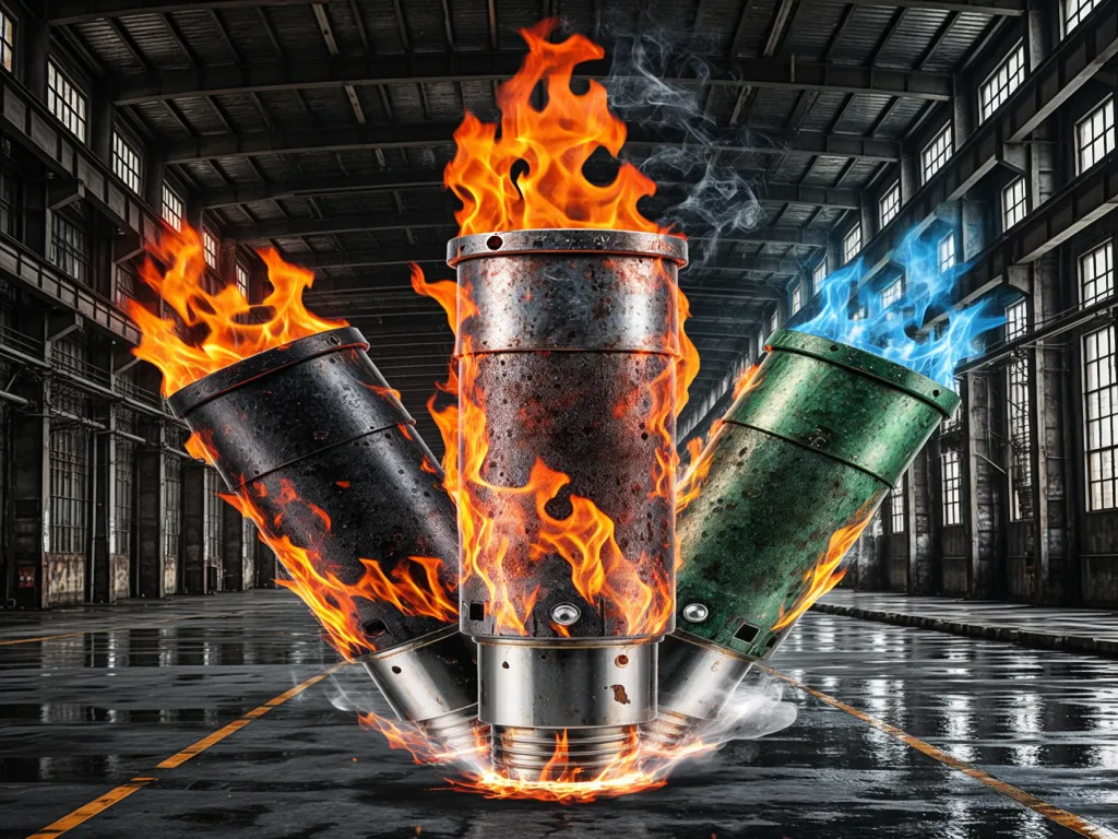 Overheated dust collector filters with flames in an industrial warehouse.