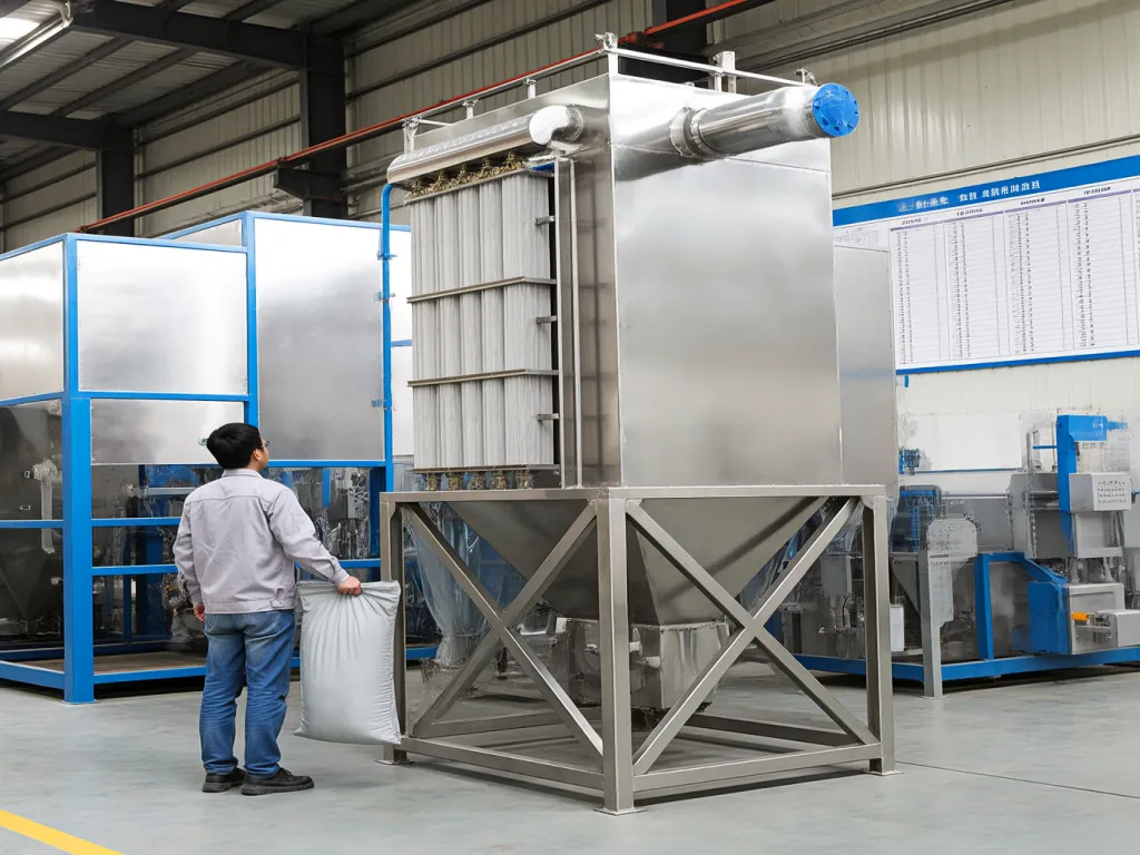 A man matching filter bags to a dust collector in a factory.