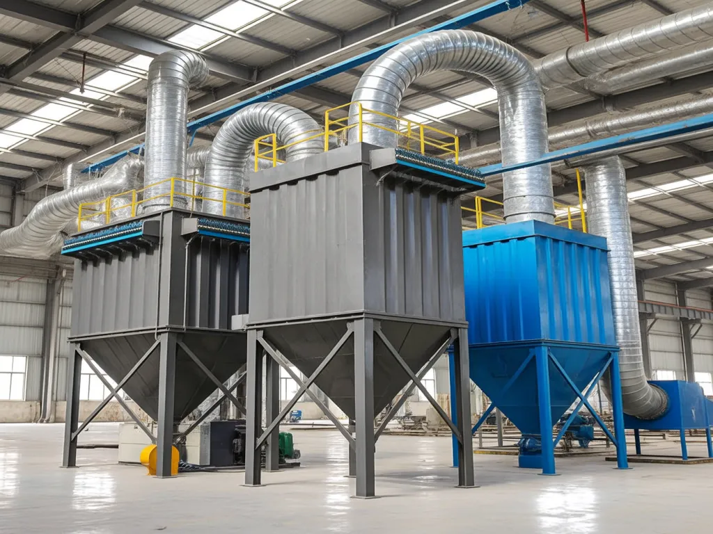 Industrial dust collectors with flexible pipes in a large facility.