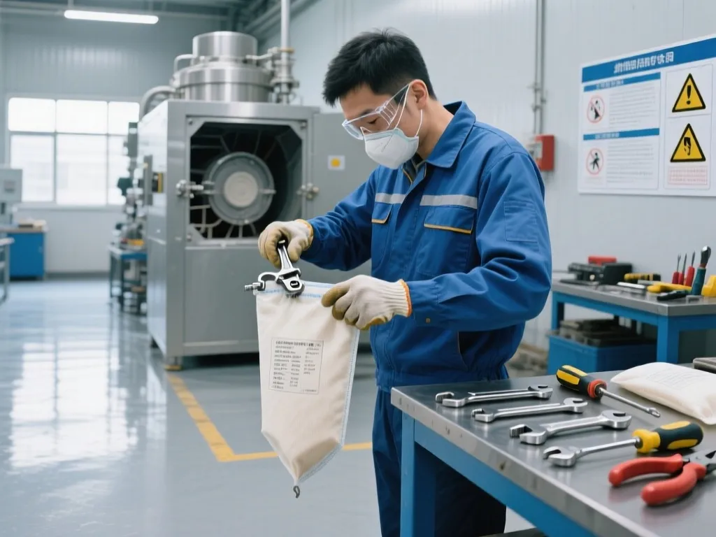 Technician installing a non standard filter bag using a tool.