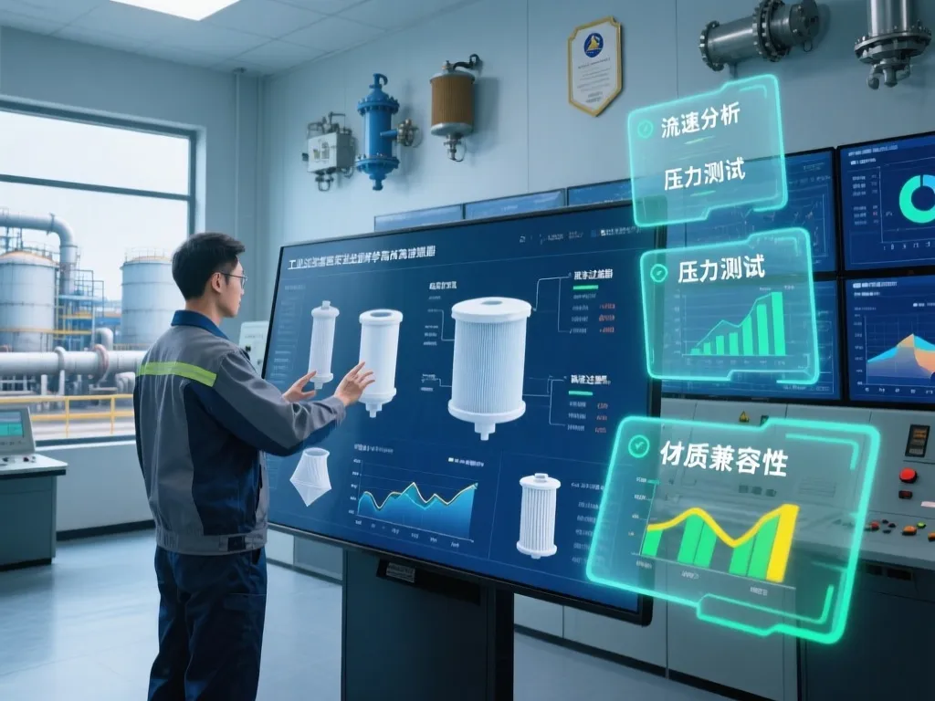 A man selecting industrial filters with performance data on screen.