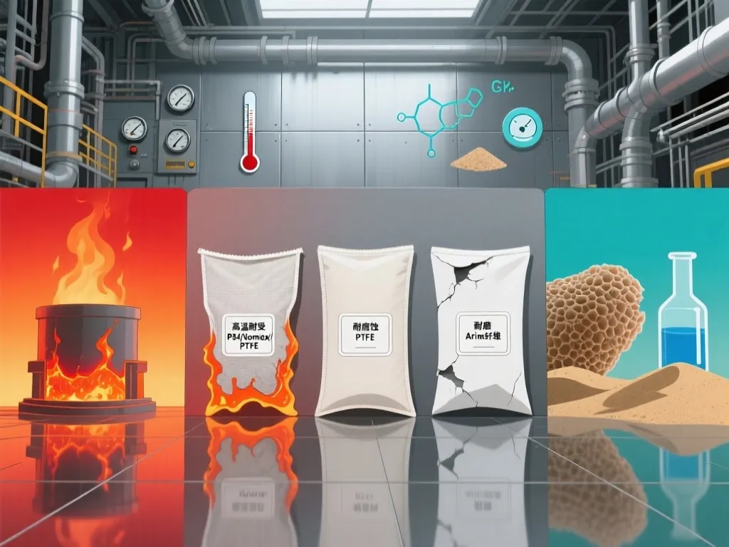 Comparison of filter bag materials: high-temperature resistant, corrosion-resistant, and wear-resistant types.