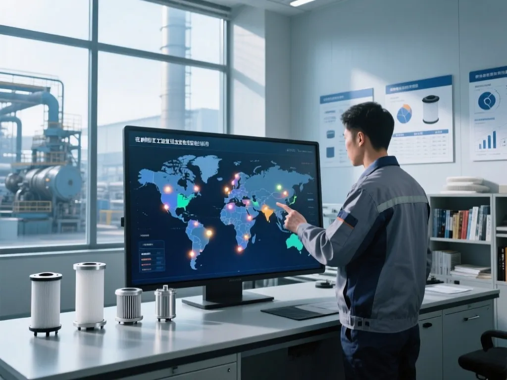 Man ordering custom industrial filters with a global market view on screen.