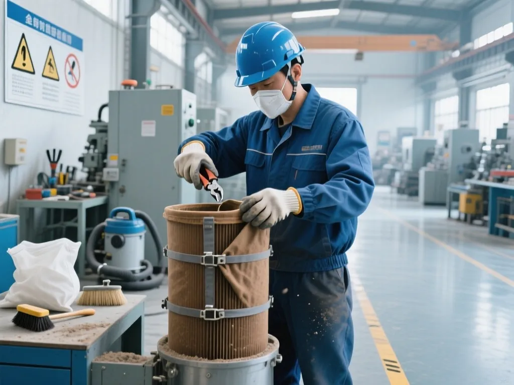 Worker installing new industrial filter bag with tool