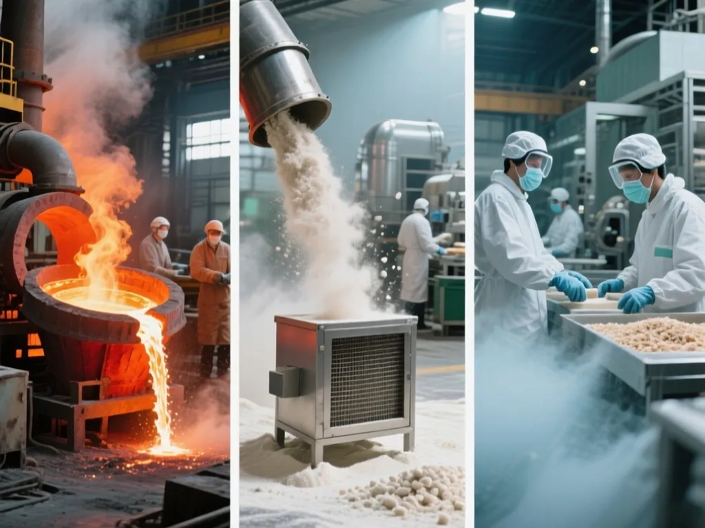 Dust collection systems in a factory setting, ensuring clean air environment.