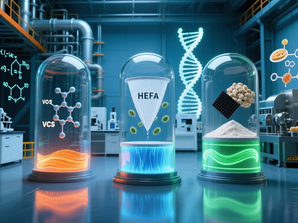 Conceptual display of filtration technologies including HEFA filtration for industrial air systems.