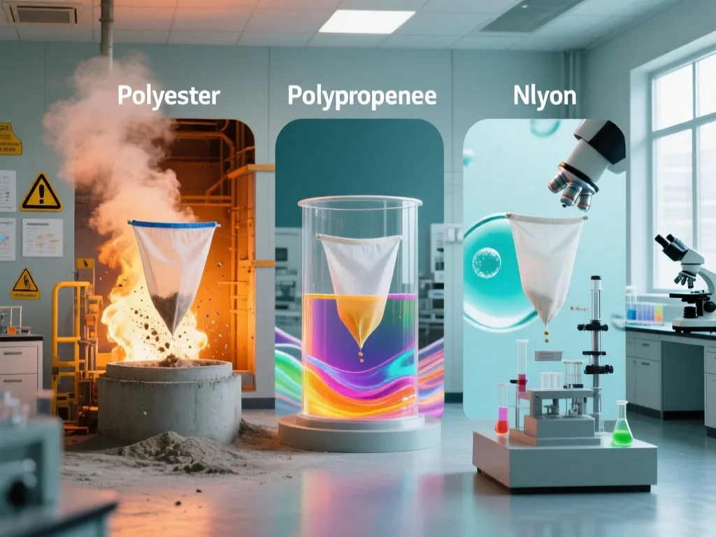 Testing filter bags made of Polyester, Polypropene, and Nlyon in a lab.